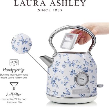 Laura Ashley Elveden Wireless Electric Kettle - 1.7L Stainless Steel, 2.2kW Fast Boil, Temperature Display & Overheat Protection