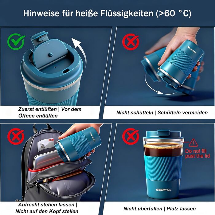 Термокружка з нержавіючої сталі 510 мл Gemful - блакитна, для подорожей та дому