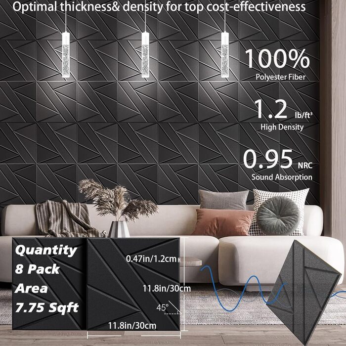 Акустичні панелі BSHEAD самоклеючі для звукоізоляції стін, шумопоглинаючий пінополіуретан 30x30x1.2 см, чорний