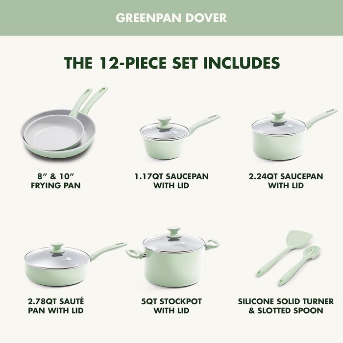 Набір кухонного посуду GreenPan Dover Healthy Ceramic, 12 предметів, антипригарне покриття, без PFAS, для миття в посудомийній машині, зручні ручки, кремово-білий