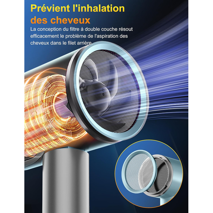 Фен 2400W складний іонний, професійний туристичний, з гарячою/холодною кнопкою, 3 режими нагріву, AC мотор, з насадкою-дифузором та сумкою для зберігання (сіро-блакитний)