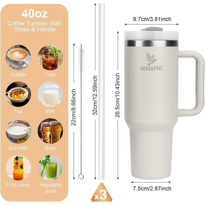Термокружка WALLFID 40oz з нержавіючої сталі, вакуумна ізоляція, з кришкою, 3 трубочки та щітка для трубочок, для гарячих та холодних напоїв, ідеальна для кави, чаю, смузі та іншого (Рожева)