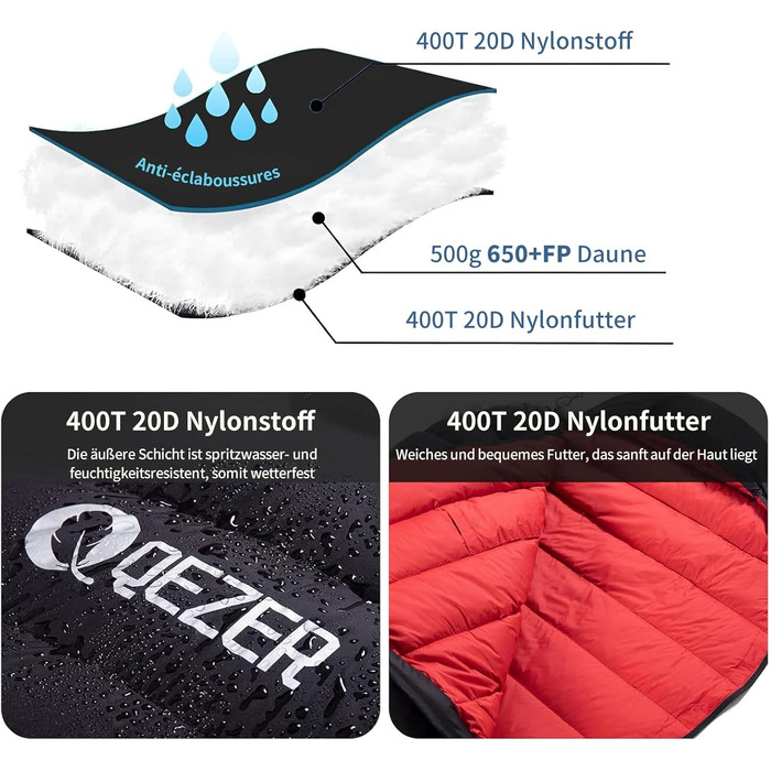 Спальний мішок для дорослих та дітей, зимовий, легкий, для кемпінгу та альпінізму, 650 FP гусячий пух, 500г, чорний, робоча температура -30°C ~ +8°C