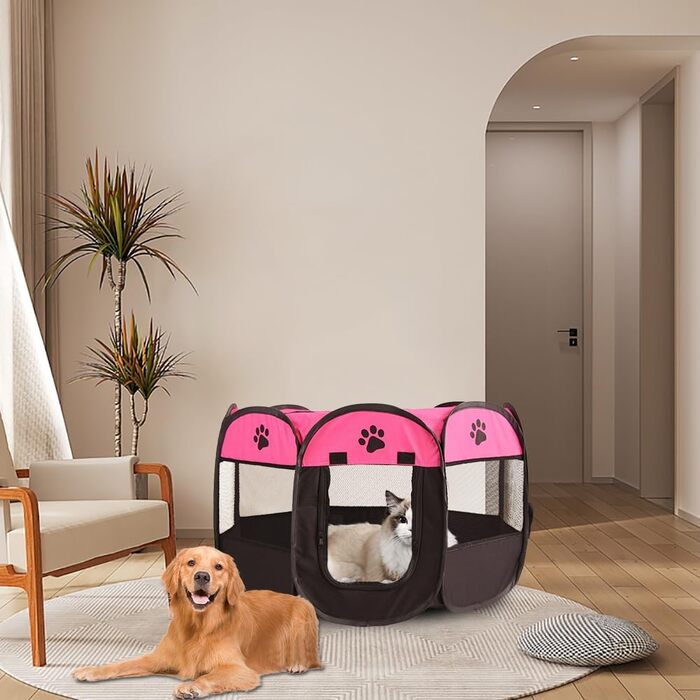 Клітка-забігайлище для цуценят та собак, складана, 73x73x43 см (рожевий+чорний)