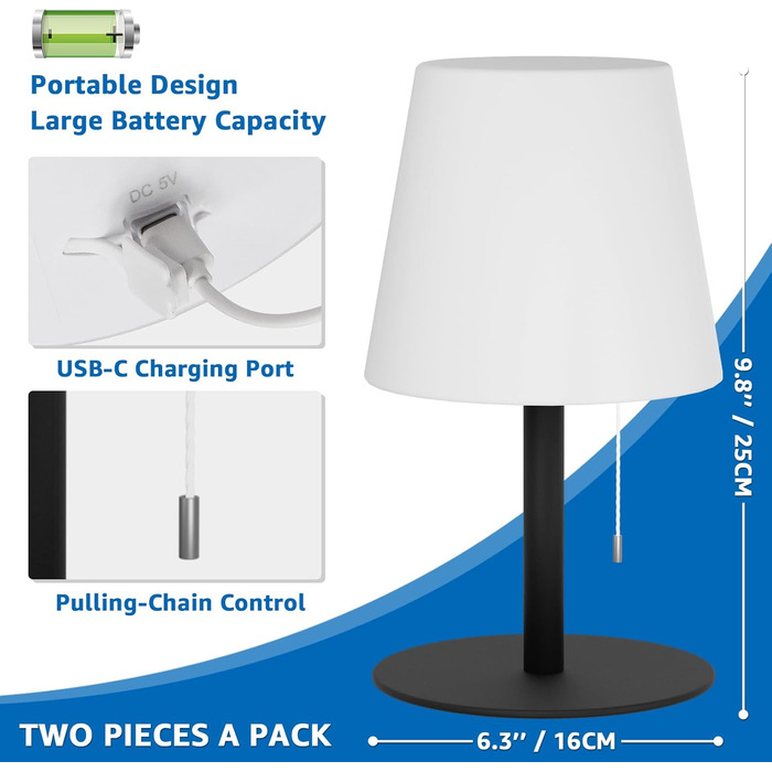 LED-лампа на акумуляторі для вулиці та дому Uuffoo, 7 кольорів, USB-C, для спальні, столу, саду, балкону, кемпінгу (чорна) (2 шт.)