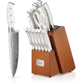 D.Perlla 14-Piece Self-Sharpening Knife Block Set - Professional Stainless Steel Kitchen Knife Set with Plastic Handle & Wooden Block (Brown)