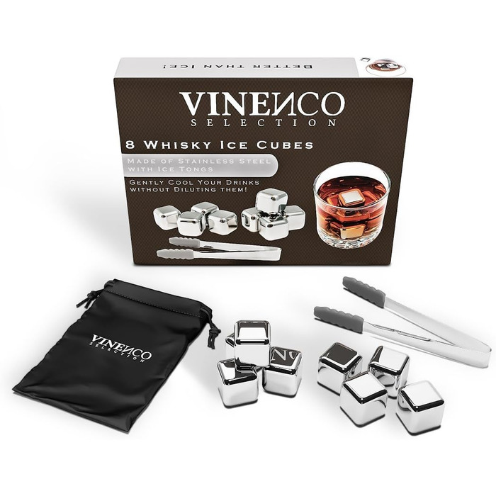 Набір кубиків льоду для віскі з нержавіючої сталі (8 шт.) - 12 шт. кубиків, щипці, мішечок, аксесуар для бару, коктейлів, джин