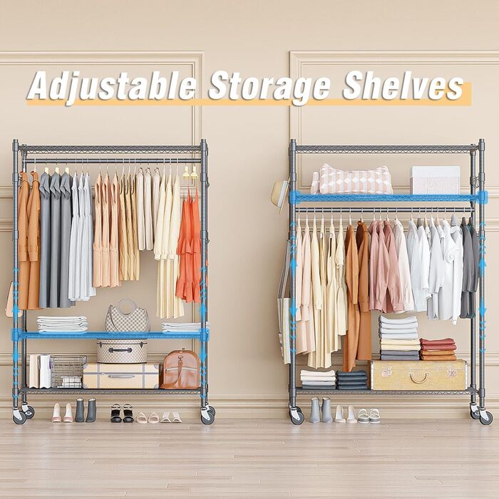 Double Clothes Rack/Garment Rod with Adjustable Shelves, Heavy-Duty Clothes Rack with 2 Hooks, Clothes Rack with Wheels, 90 * 42 * 205cm, White (Gray, 90*42*205cm)