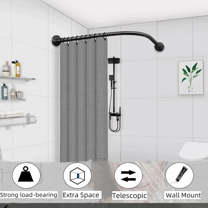 Штанга для душу без свердління, L-подібна, регульована, з нержавіючої сталі, для ванної кімнати та гардеробної (75-95 x 75-95 см) (Чорний, 75-95*90-130)