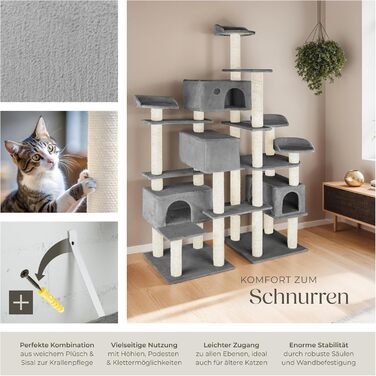 Дерево для котів tectake® велике, з аксесуарами, XXL, 4 будиночки для котів, ігровий комплекс з подряпальною колоною, з сизалю, сірий | 403920