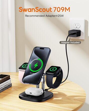 Зарядний пристрій SwanScout 709M Black: Двопортова зарядка для Apple Watch та iPhone (11/Ultra 3/SE 3, Air/17 Pro Max/17 Pro/17/16/15/14)