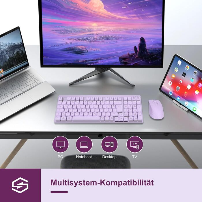 Механічна клавіатура та миша Leadsail FA98 бездротове комплект QWERTZ, 98 клавіш, клавіші Red, 1600 DPI, для Windows/MacOS/PC/Laptop (Лавандовий)