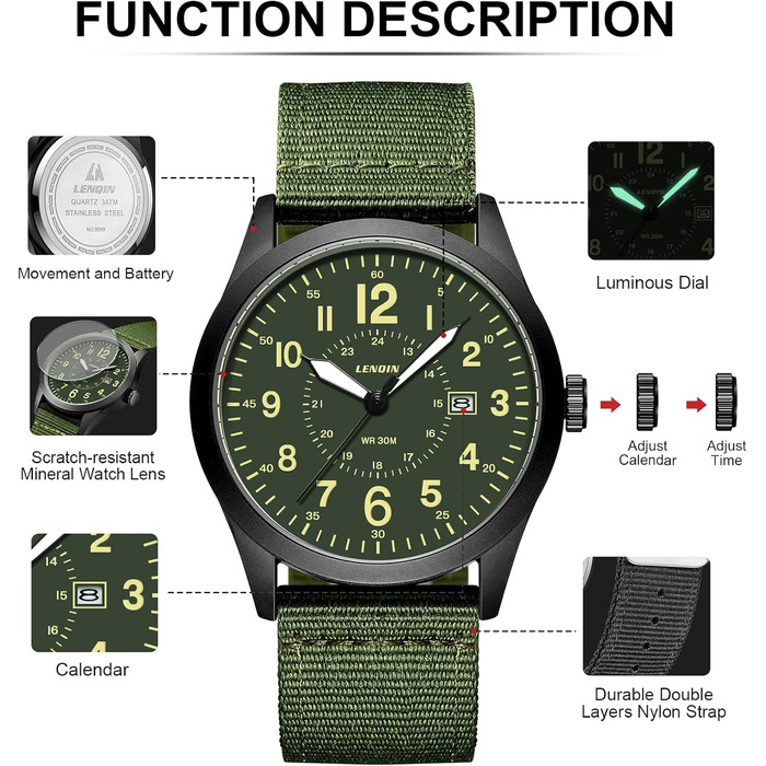 Годинник чоловічий LN LENQIN Military 30M водонепроникні годинники з датою, кварцові, тактичні, з нейлоновим ремінцем (зелено-чорний)