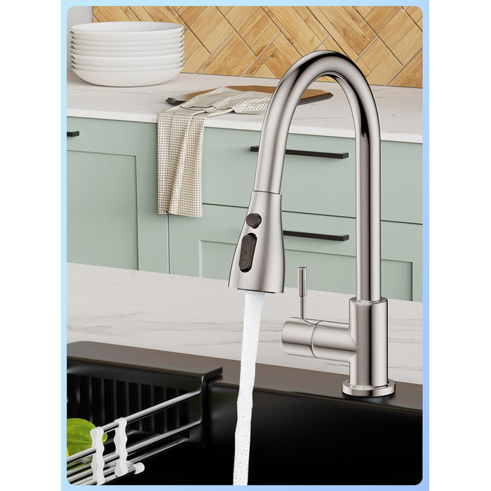 Кухонний змішувач SREWOHS PRO з висувним виливом, 360° обертання, 4 режими розпилення, однорегуляторний, високий вилив, ABS-розпилювач для кухонної мийки, проста установка