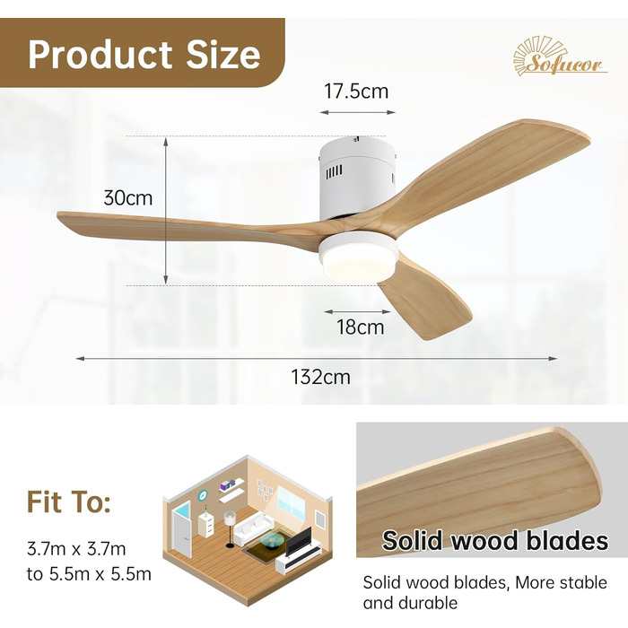 Стеляний вентилятор Sofucor з дистанційним керуванням, дерев'яний з 3 лопатями, 132 см, тихий, 6 швидкостей, таймер, DC двигун, літньо-зимовий режим, для спальні (з підсвічуванням та кріпленням Flush Mount, натуральне дерево)