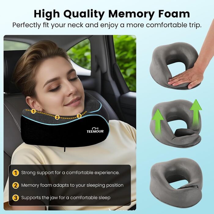 Подушка для шиї у літак з Memory Foam, 360° підтримка, з чохлом, маскою для очей та берушами, регульована подушка для подорожей (Чорний)