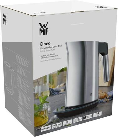 WMF Kineo Kettle with Temperature Setting, 1.6L, Scale Filter, 3000W, Live Temperature Display, Stainless Steel Matte Electric Kettle, Cromargan Single