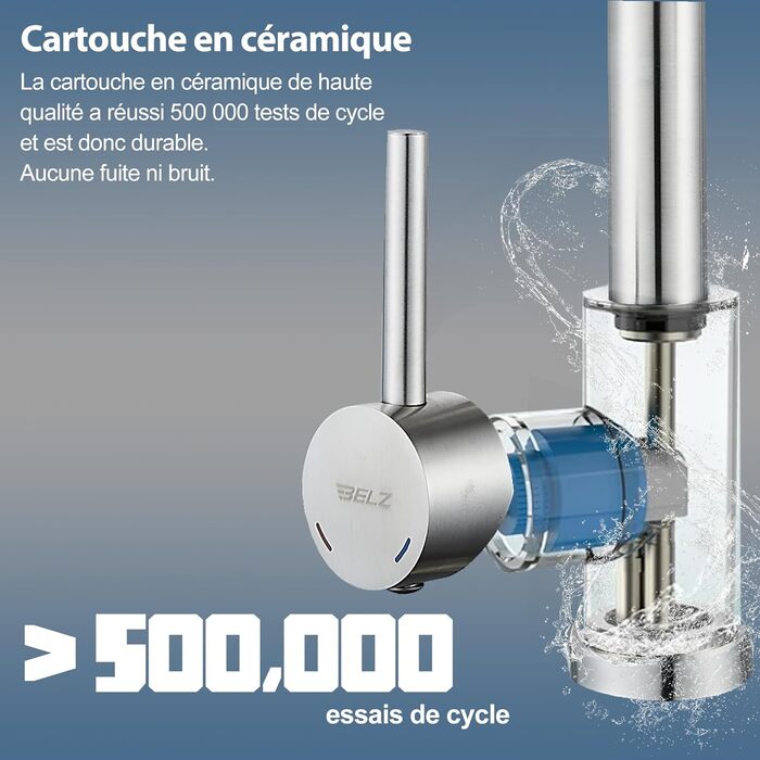 Змішувач для кухні BELZ з висувною лійкою, 3 режими, поворотний на 360°, нержавіюча сталь SUS304, матовий нікель