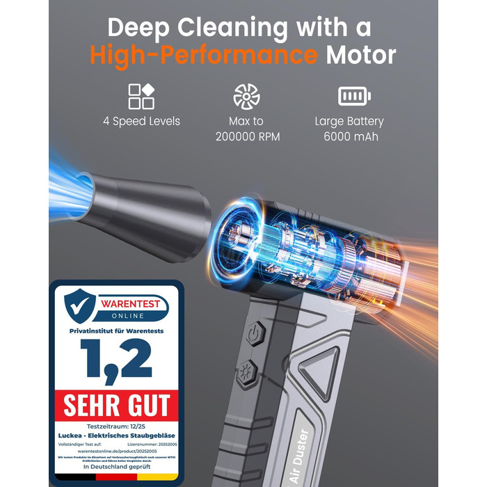 Електричний повітряний пилосос для чищення ПК - Air Duster 200000 RPM, 4-ступенева регулювання, акумуляторний міні-фен, для клавіатури, дому, авто