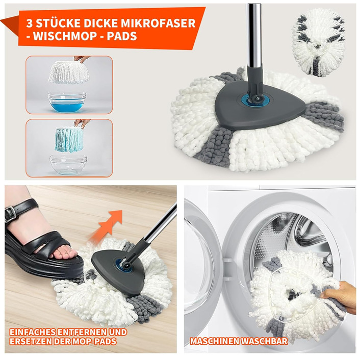 Набір для миття підлоги з відром, моп з функцією віджиму, відро з педальним механізмом та 2-камерним відсіком, повний набір з 3 мікрофібровими накладками для ламінату, паркету та плитки (світло-сірий)