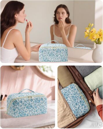 Косметичка для подорожей Wandering Nature для жінок з відділенням для пензликів, водонепроникна, велика, з перегородкою та ручкою (блакитна квітка)