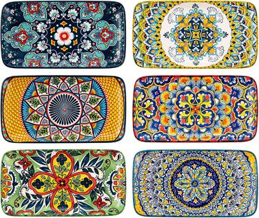 Сервіровочні тарілки HENXFEN з порцеляни, 25.4 см, набір прямокутних тарілок, 25.4 x 17.8 см, для салату, закусок, сашімі, богемний квітковий дизайн у 6 яскравих кольорах (прямокутна тарілка 20.3 см)