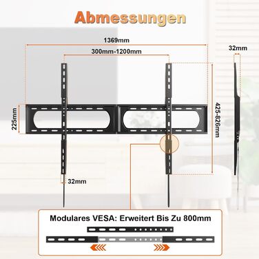 Кронштейн для телевізора Universal Ultra Slim 37-140 дюймів, вантажність до 125 кг, VESA 1200x800, чорний