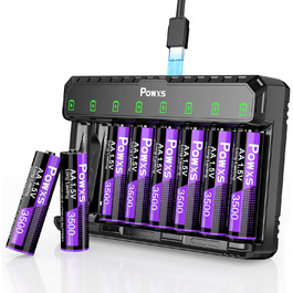 POWXS 8 x AA 3500mAh літієві акумулятори з 8-портовим швидким зарядним пристроєм з LCD-дисплеєм | Швидка зарядка та стабільна напруга 1.5V | Для геймпадів, LED-ліхтарів, пульт дистанційного керування