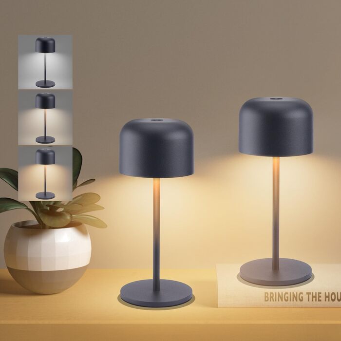 Акумуляторний LED настільний світильник Klighten з димером, чорний (2 шт.). Водонепроникний IP54, USB-C, 3 кольори світла (3000K-6000K), алюмінієвий, 21 см.