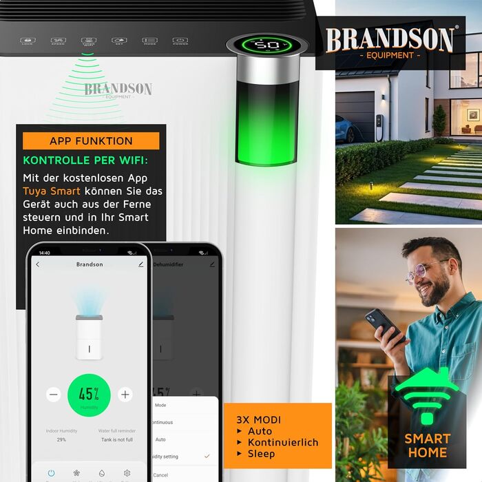 Електричний осушувач повітря Brandson з компресором, 12 літрів, Wi-Fi, з додатком, таймер, відвід води через шланг, захист від замерзання, білий
