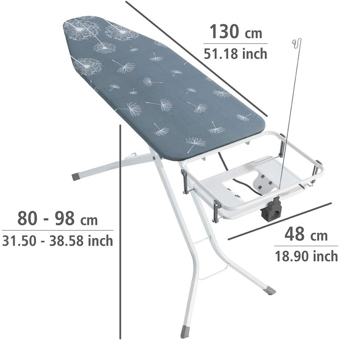 Прасувальна дошка WENKO Professional, металева, 130x98x48 см, з полицею для праски та розеткою, біло-сіра