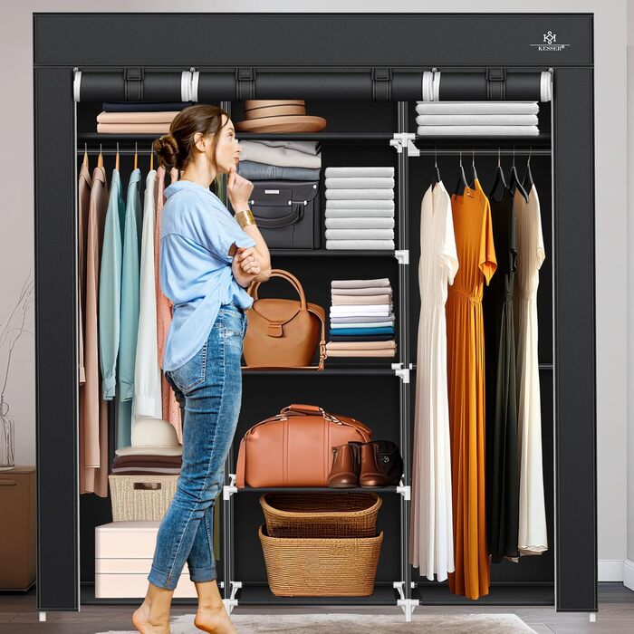 KESSER® Wardrobe Fabric Wardrobe Stable with Clothes Rail & Shelves, Incl. 5x Clothes Hangers, Fabric Folding Wardrobe for Bedroom, Dressing Room Closet with Clothes Rack 150x45x175cm Black