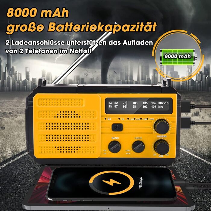 Сонячне радіо Kurbelradio 8000mAh з ручним заводом, AM/FM, динамо, радіо для надзвичайних ситуацій, ліхтарик LED, компас, IPX3, оранжевий