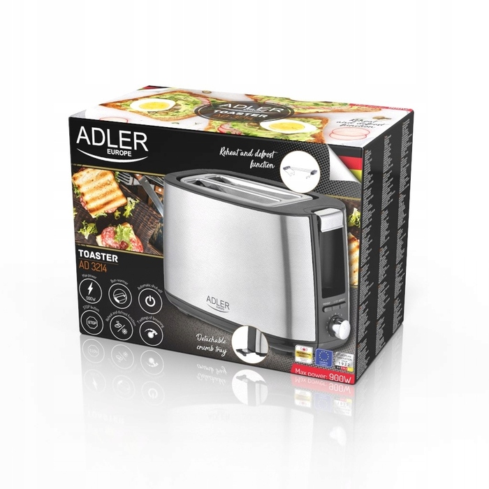 Тостер ADLER AD 3214, сріблястий/сірий, 900 Вт