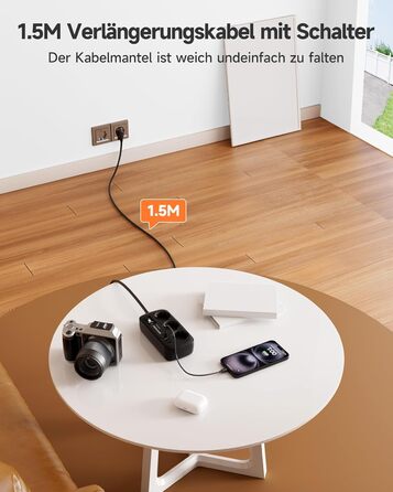 Многорозеткова станція з захистом від перенапруги, 3 розетки, 4 USB (2 USB-C), вимикач, кабель 1,5м, для дому/офісу, білий/чорний