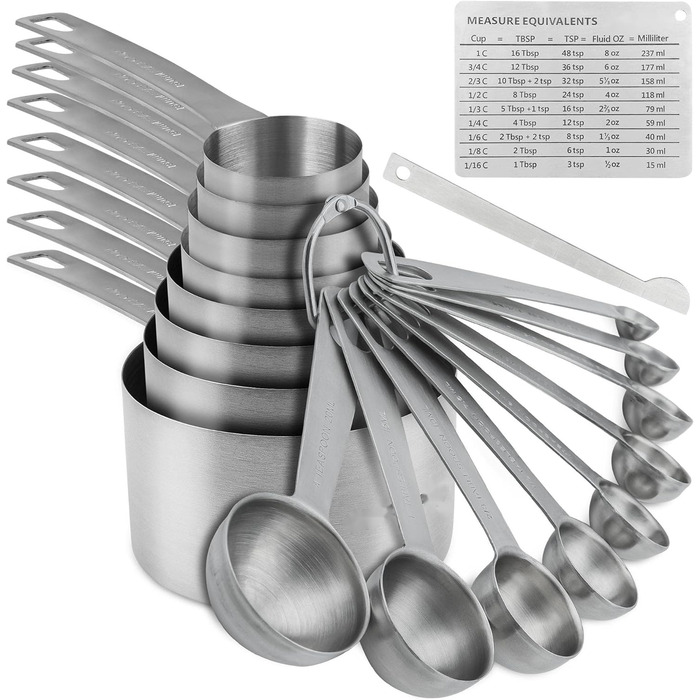 Measuring Cup and Spoon Set, 18/8 Stainless Steel - 8 Measuring Cups and 9 Measuring Spoons with Leveler and Measuring Equivalents, Kitchen and Baking Measuring Cups and Spoons 19-Piece Set