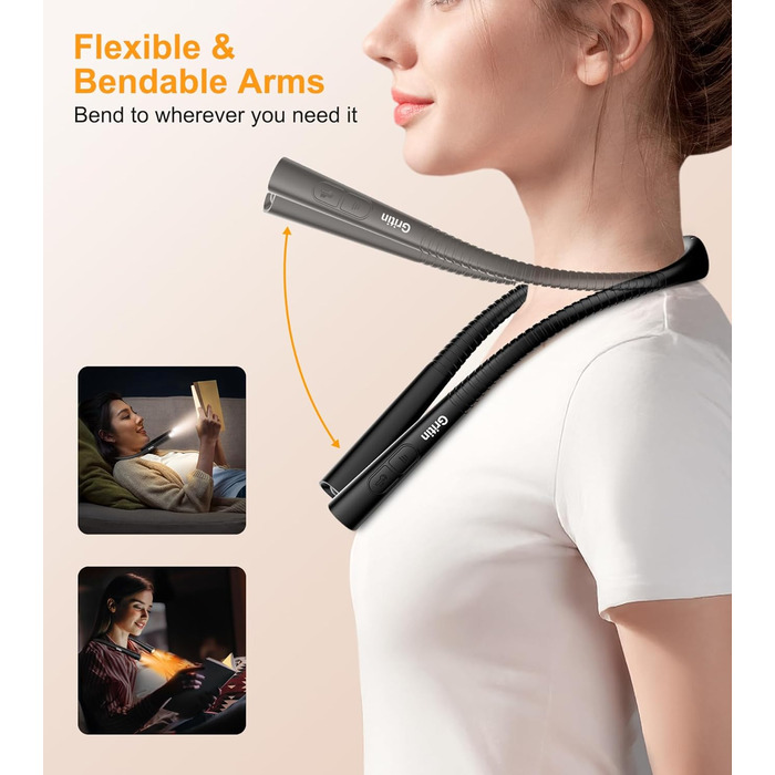 Настільна лампа Gritin для читання на шиї, з 4 кольорами та 5 рівнями яскравості - плавне регулювання, захист очей, акумулятор 80 годин, регульована шийка, ергономічне читання для ліжка/в'язання/рукоділля (чорна)