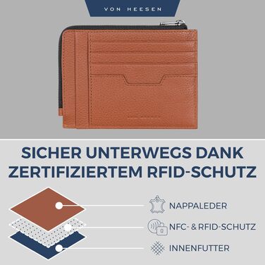 Шкіряний RFID картхолдер VON HEESEN з наппа-шкіри, портмоне для кредитних карток на 9 відділень, унісекс (Коньячний коричневий)