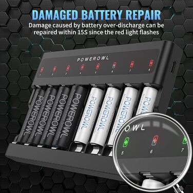 Зарядний пристрій PowerOWL на 8 батарейок, надтонкий, з незалежними слотами, USB-C зарядка для перезаряджуваних акумуляторів AA AAA