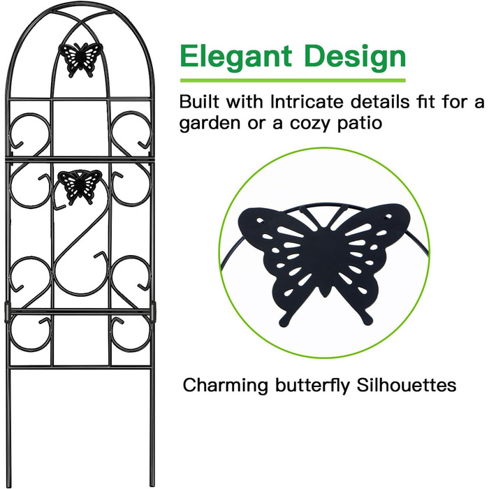 Amagabeli 2-Piece Garden Trellis Set, Metal, 152 x 46 cm, Rust-Proof Black Iron, Butterfly, Pot Vegetables, Flowers, Terrace, Metal Grids, Grid Panels for Ivy, Roses, Cucumbers, Clematis Supports