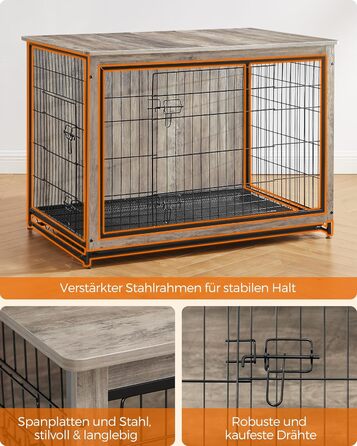 Клітка для собак Feandrea з приставним столиком, переноска, сучасна будка для собак до 36 кг, міцна, для дому, знімний піддон, 2 двері, PFC004X01 (112 x 75 x 82 см, Greige)