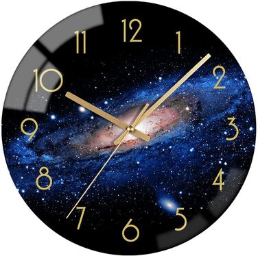 VIKMARI Glass Wall Clock Silent-Non Ticking Wand Clocks - Quality Quartz Battery-Operated Round 12 Inch (Night Sky Pattern)