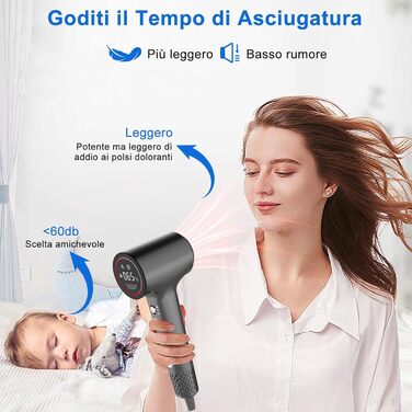 Фен для волосся з плазмою та безщітковим мотором 110 000 об/хв – швидке сушіння, тиха робота, з магнітною насадкою, для дому та подорожей (темно-сірий)