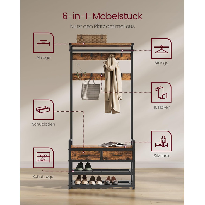 VASAGLE Coat Rack with Shoe Bench, Coat Rack, Shoe Storage, 2 Fabric Drawers, 10 Hooks, 6 Side Hooks, 30 x 80.4 x 181.6 cm, Vintage Brown-Ink Black HSR429B01