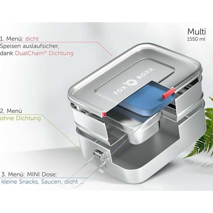 Stainless Steel Lunch Box Premium | Multi 1550ml STACKABLE | 2 Tiers + 1 Divider + 150ml MiniBox & 2 x Lids + 5 DECOR Color Rings | Smart Clips + 2 x Seals | Airtight Lunch Box