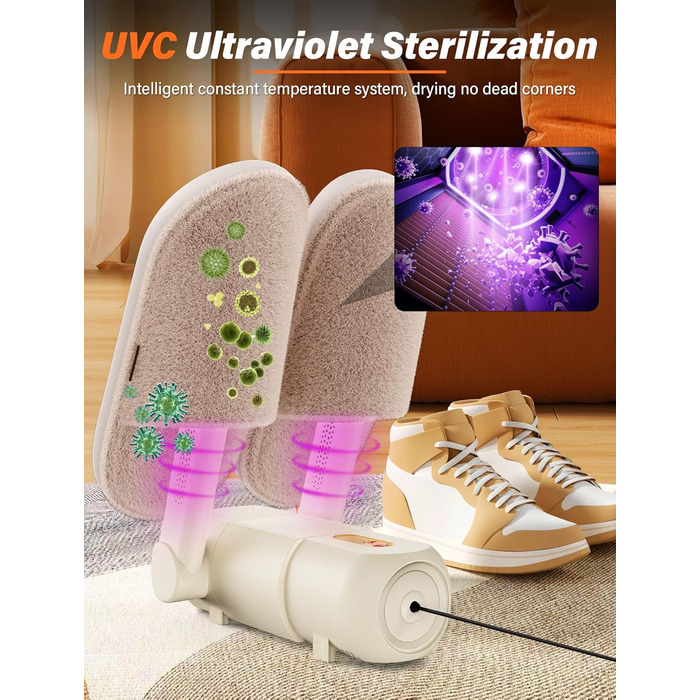 Електричний сушильник для взуття та черевиків з таймером 120 хв, UV-підсвічуванням, складний дизайн (Бежевий)