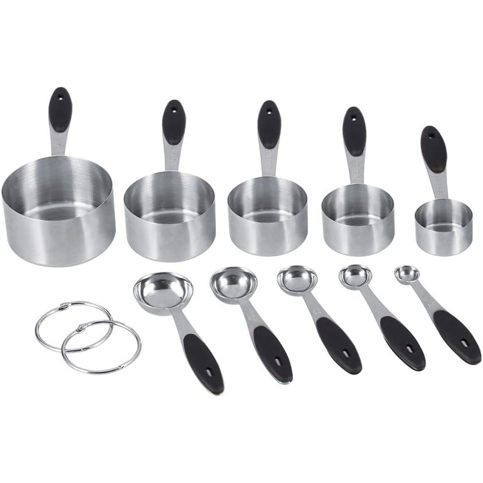 Stainless steel measuring cups and spoons, 10-piece set with storage rings, nesting teaspoons for measuring dry and liquid ingredients. Spoons