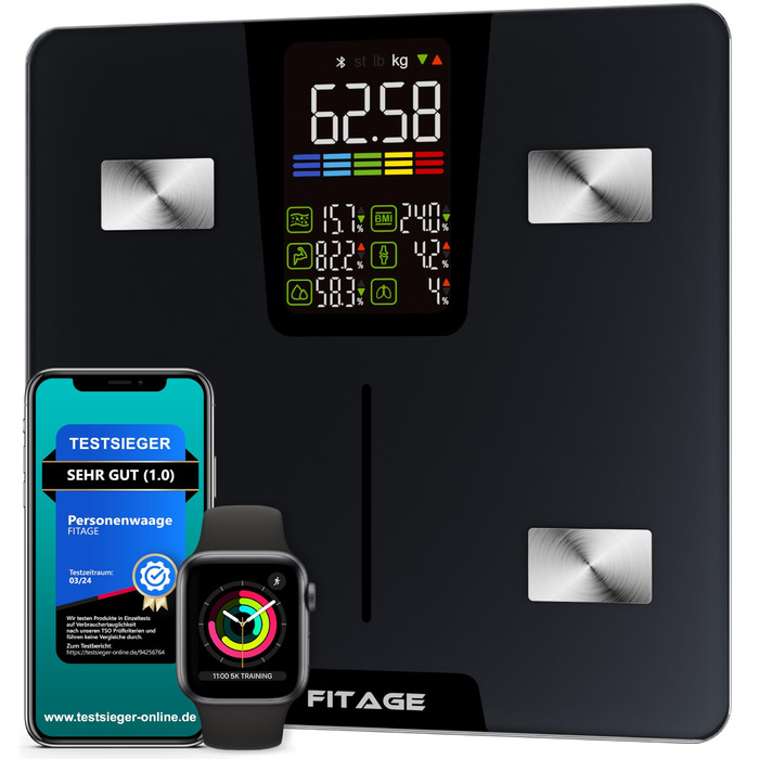 Цифрові розумні ваги FITAGE до 225 кг: аналіз складу тіла, LED-дисплей та підтримка мобільного додатка