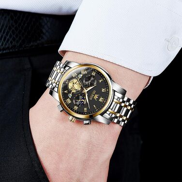 Годинник чоловічий OLEVS з металевим ремінцем, кварцовий, з місячною фазою, хронограф, водонепроникний (2859 Чорний / Двоколірний)