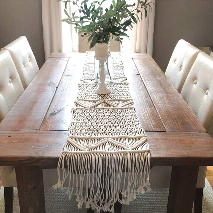 DÉCOCO Macrame Table Runner, Hand-Woven Boho Wedding Table Decoration Bedspread Blanket, 35 cm x 240 cm